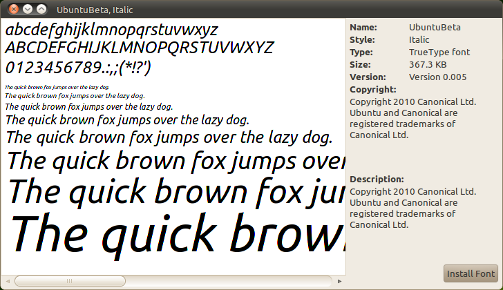ফন্ট ভিউয়ার (উবুন্টুবেটা, ইটালিক)